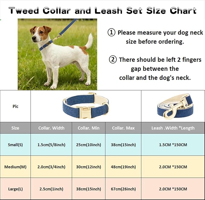 Luxury Soft Cotton Tweed Fabric Dog Collar & Leash Set with Gold Buckle – Durable Fabric, Stylish Design for Everyday Walks(Small Navy)
