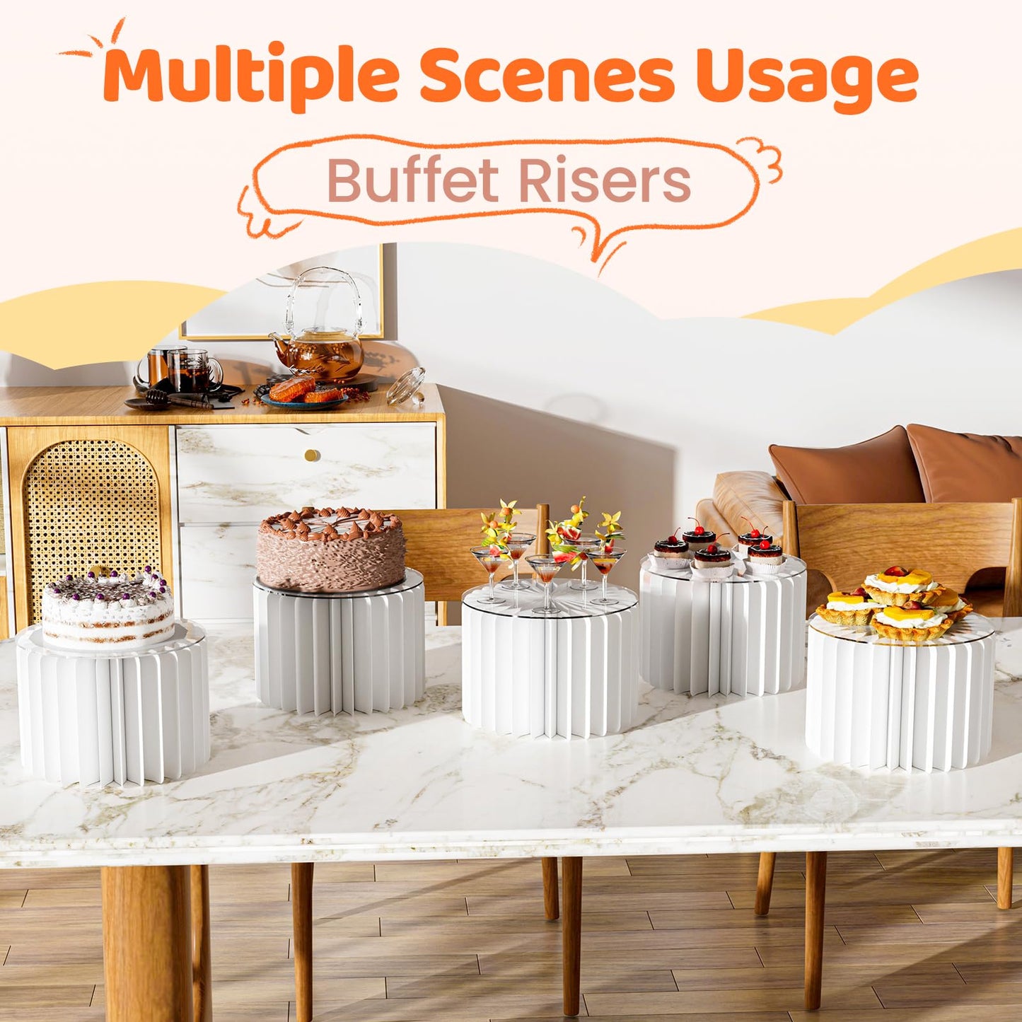 HeiMma 4 Pack Buffet Risers, FOLDABLE Accordion Food Display Risers for Dessert Table,Dessert Table Display Set, White Cardboard Cylinder Cake Cupcake Stands for Party, Multi-height, 12in Round