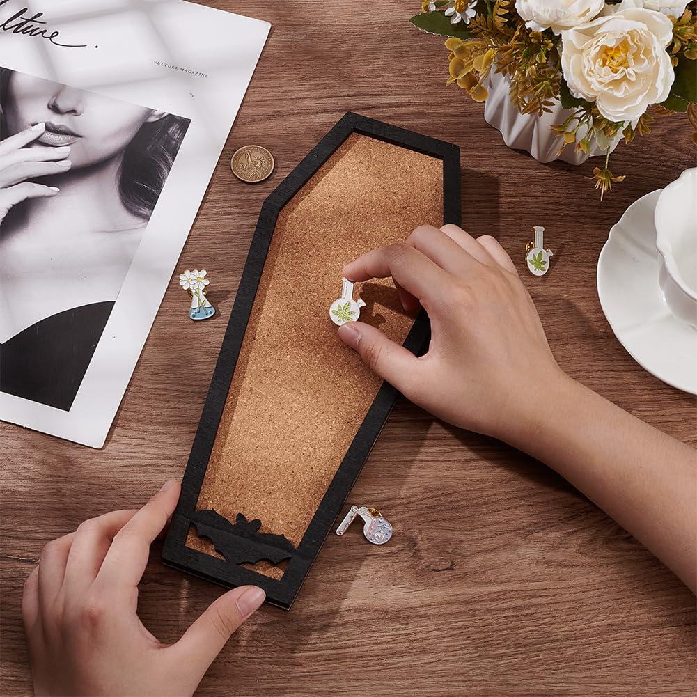 BENECREAT Coffin Bat Pin Board Cork Board, 11.2x4.7inch Bulletin Display Board Wall Mounted Cork Board with Black Frame for Brooch Pin Display, Home School Halloween Decor