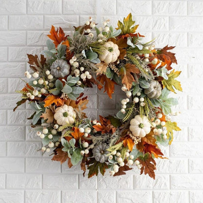 15 Inches Pumpkin Fall Wreath Artificial Wildflower with Berries for Halloween Thanksgiving Christmas Farmhouse Fall Décor