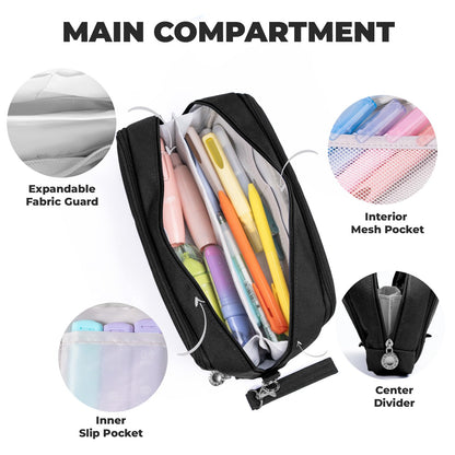 Four Candies Black Pencil Case 3 Compartment Pouch, Large Pencil Pouch for School, Girls, Teen Boys, Women, Black, Removable Handle & Zipper, Cute Pencil Bag for Office, College
