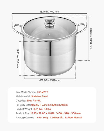 VEVOR Stainless Steel Stock Pot, 16QT Stainless Steel Stockpot with Glass Lid, PFOA-Free, PFAS-Free, Compatible with Gas Stoves, Induction Cooktops, Electric Stoves, for Soups, Stews, and Pasta