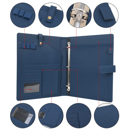 Wonderpool A4 PU Leather Portfolio Holder Ring File Document Case with Removable Binder Clipboard, Multi Pocket and Legal Pad for Business Organizer Interview and Meeting (Dark Blue)