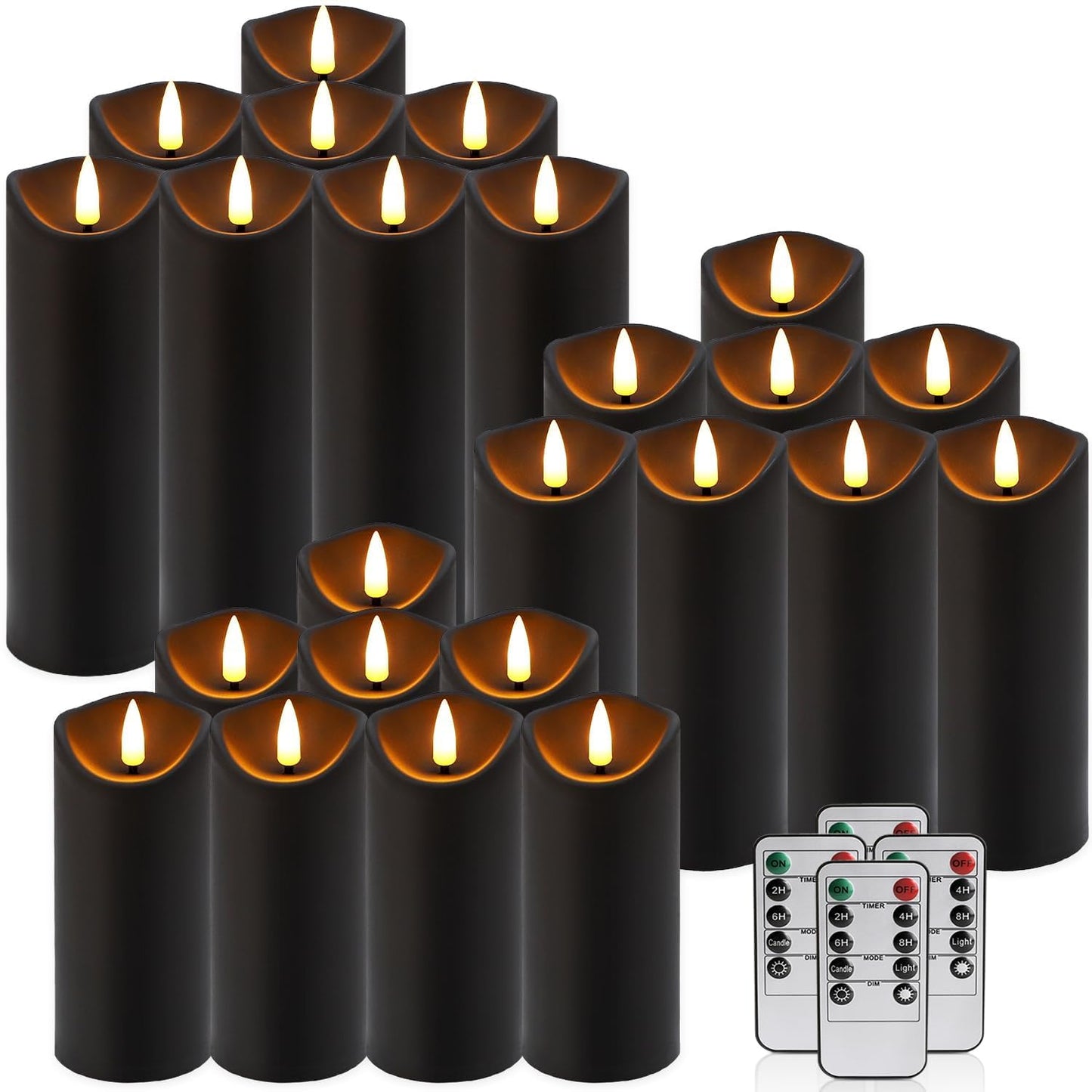 CAKETYCG 24 Pack Black Halloween Decoration Flickering Flameless Candles(D2.2 xH 5" 6" 7"), Battery Operated LED Pillar Candles with Remote Control and Timer,for Home Decor.