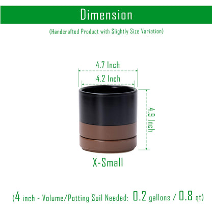 D'vine Dev Set of 4 Small Ceramic Plant Pots, 4.7 Inch Succulent Planter Pot for Plants with Drainage Hole and Saucer, Black/Speckled Tan, 94-X-B-7