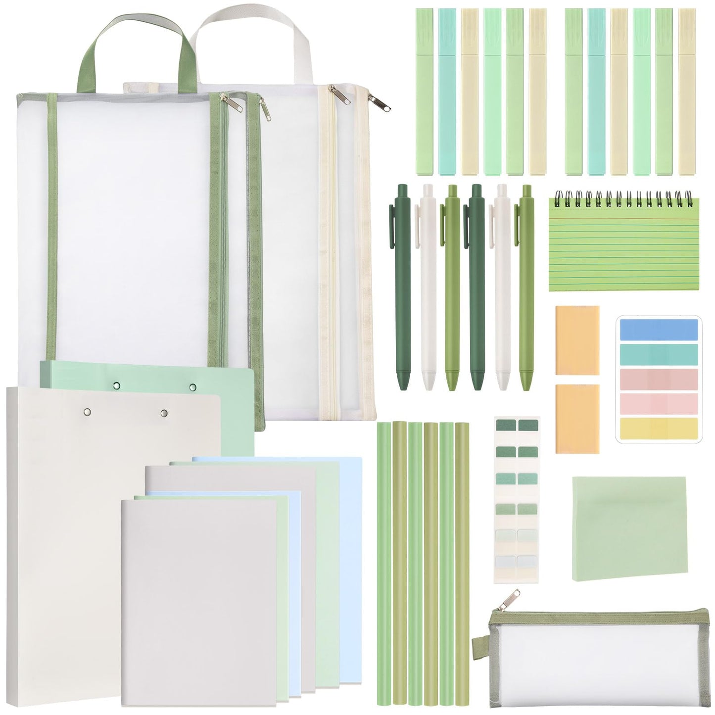 Colarr 54 Pcs Cute Notebook Stationery Set for Women, Bible Study Supplies, 6 Lined Notebooks, 36 Pens, Sticky Notes & Tabs, Bags & Folders for Work Journal Study College Office Supply(Green)