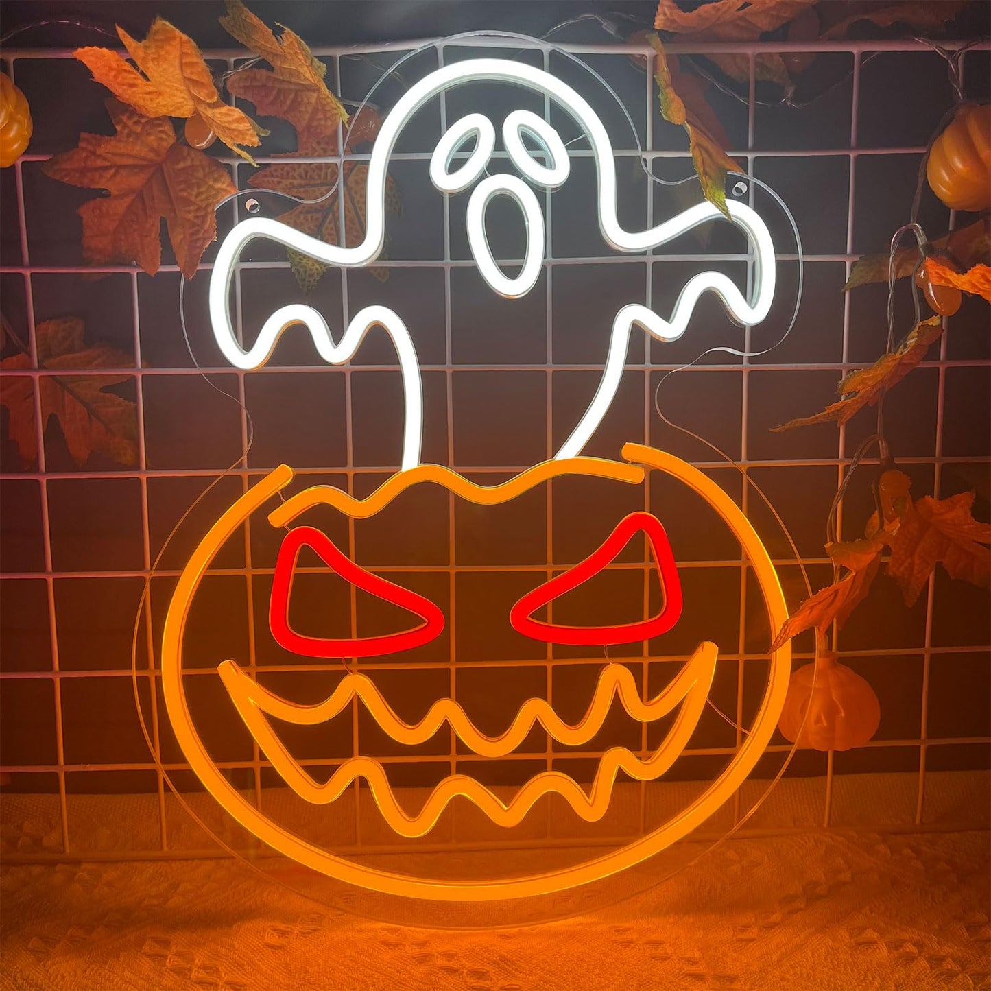 Halloween Ghost Pumpkin Neon Sign,Ghost Face Neon Light Spooky Pumpkin Neon Light Up Signs Dimmable LED Halloween Skull LED Sign for Bedroom Game Room Mancave Bar Halloween Party
