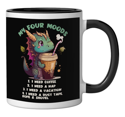 My Four Moods Dragon Tshirt I Need Coffee I Need A Nap Ceramic Mug, Black/White