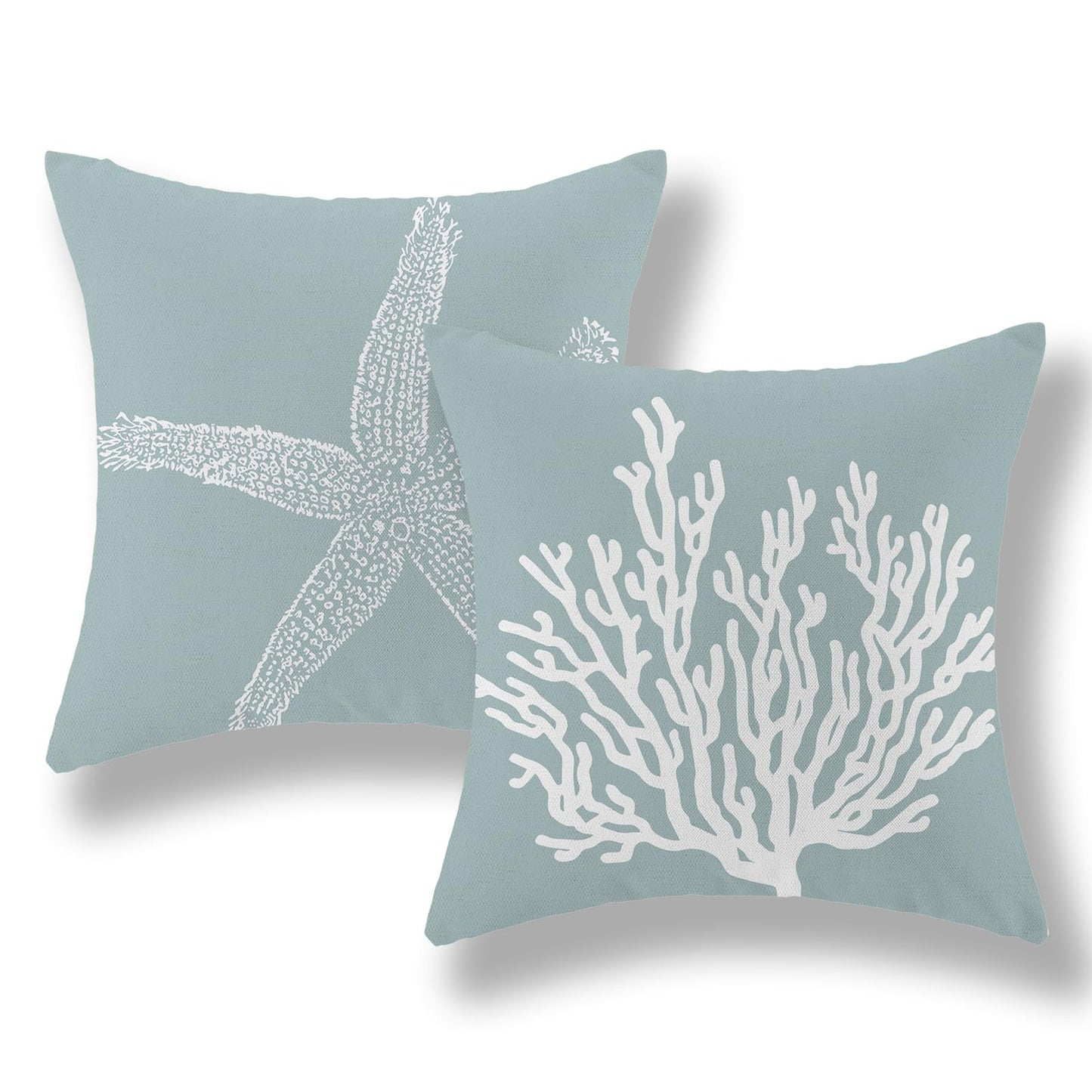 GOLIANDA Coastal Pillow Covers 18x18 Inch Set of 2 Blue Coral Starfish Throw Pillows Nautical Ocean Decorations Summer Linen Beach Pillowcase Outdoor Decor Farmhouse Cushion Case for Home Living Room