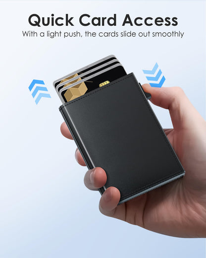 QLD Mens Wallet Card Holder - RFID Blocking Wallet for Men, Pop Up Aluminum Case, Trifold, Leather, Smart, Slim, Minimalist, Front Pocket - 9-11 Card Capacity | ID Window | Cash Slot