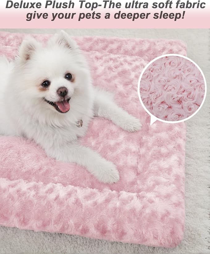 Washable Dog Bed Mat Ultra Soft Dog Crate Pad Comfy Fluffy Pet Kennel Beds Sleeping Mattress for Large Jumbo Medium Small Dogs, 36 x 23 Inch, Pink