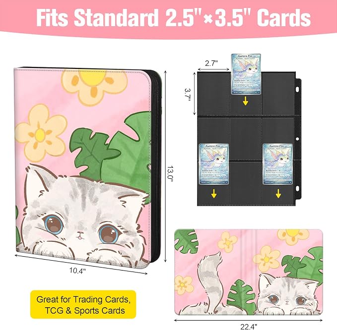 Trading Card Binder for TCG, 900 Pockets, 9-Pocket Top-Loading Pages, 3-Ring Zippered Album, Acid-Free PVC-Free, Fits Standard 2.5" x 3.5", PU Cover with Wrist Strap, Cute Cat Design