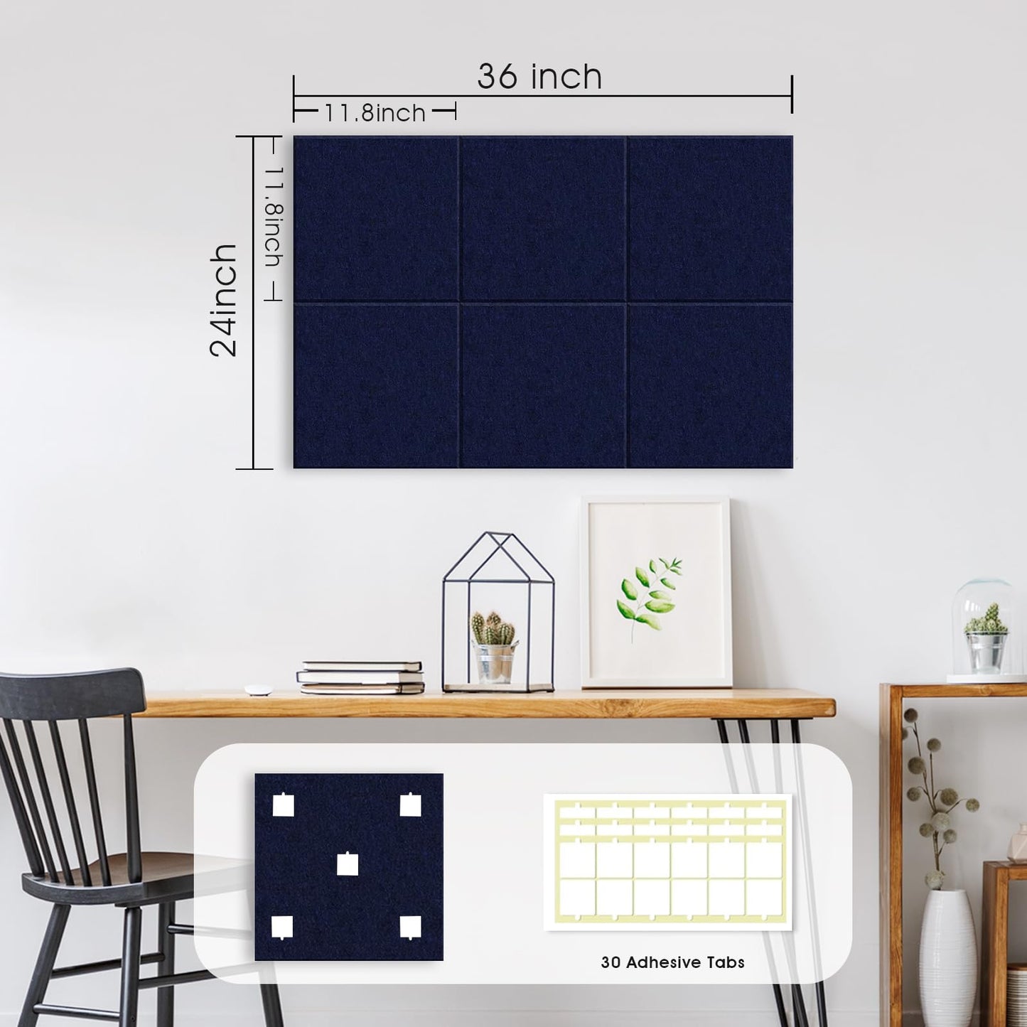 Large Cork Board for Office Wall Decor, 36"x24"- 6 Pack Felt Wall Tiles with Safe Removable Adhesive Tabs, 1/2" Thick, Felt Bulletin Board Pin Board Cork Boards for Walls - Dark Blue