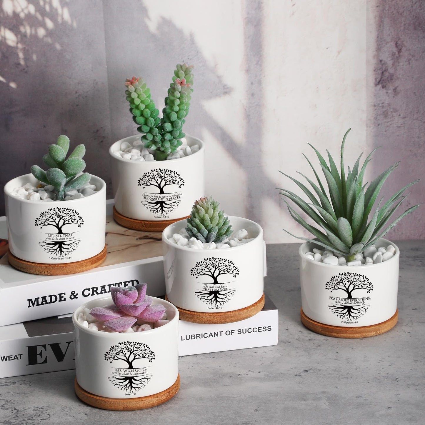 Sieral 6 Pcs Bible Verse Succulent Pots with Drainage 3.15 Inch Mini Mothers Day Christian Planter Accessories with Bamboo Tray for Church Teacher Coworker Gardener Gift, Plants Not Included