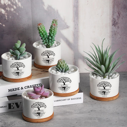 Sieral 6 Pcs Bible Verse Succulent Pots with Drainage 3.15 Inch Mini Mothers Day Christian Planter Accessories with Bamboo Tray for Church Teacher Coworker Gardener Gift, Plants Not Included