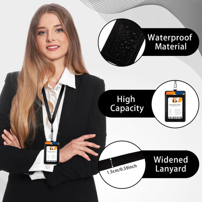 Fulmoon 25 Sets Leather Badge Holders with Lanyards Bulk Graduation Vertical ID Card Holder with Lanyard Detachable Neck Lanyard(Black)