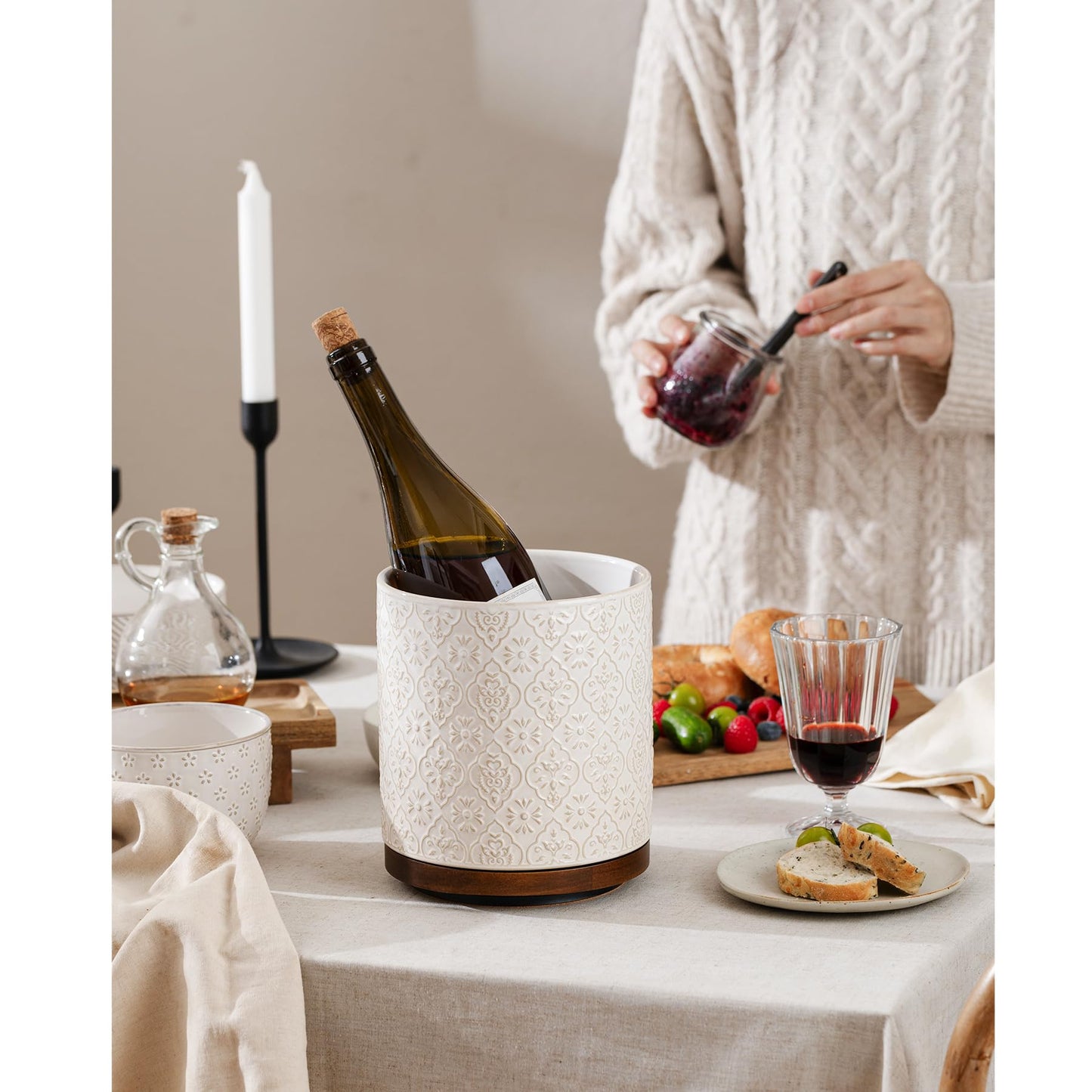 MIKIGEY Kitchen Utensil Holder, 360° Rotating Extra Large Ceramic Utensil Holder with Embossed Pattern, 7.3” Cooking Utensil Crocks for Kitchen Countertop, Home Decor, Off-White