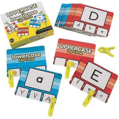 Fun Express Uppercase & Lowercase Letter Clip Card Set - Fun Learning Activities for Kids - Laminated Cardstock, 5” x 4” - Perfect for Early Education - 57-Pieces