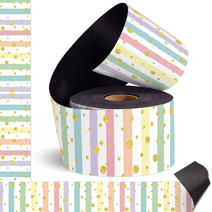 Tenceur 48 ft x 2.76 Inch Magnetic Borders for Whiteboard Decoration, Macaron Polka Dots Stripes Magnetic Bulletin Board Border Set for Summer Classroom Office Chalkboard Poster Board Decor