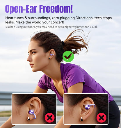 King Lucky Clip-On Earbuds Gen 3, Open-Ear Wireless Bluetooth 6.0 Headphones with Mic, Secure Fit for Small Ears & Glasses Wearers, 50H Playtime, ENC, IPX5 Waterproof Sport Ear Buds (Purple)
