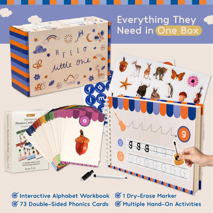 Montessori Phonics Set 20 Stages All-in-One Reusable Write & Wipe Activity Book with 73 Phonics Flash Cards Calm Early Learning Kit for Kids Ages 3–6