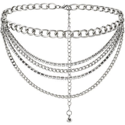 Suyi Multilayer Chain Belt Rhinestone Metal Chain Belts for Women Punk Gold Waist Chain Plus Size 150CM Silver