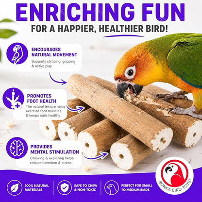 Bonka Bird Toys 1211 Pk6 Natural Bark Sola Sticks, 6-Pack, 3" Long, 1.25" Diameter, Soft Chew and Foraging Toy for Birds, Parrots, Parakeets, Cockatiels, Lightweight, Natural, Safe, Eco-Friendly