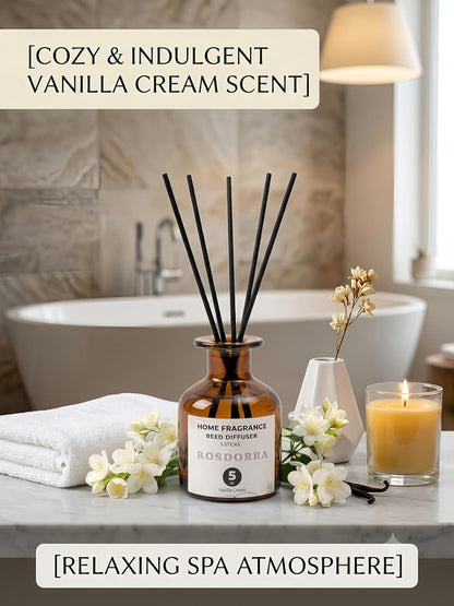 Reed Diffuser Set, Vanilla Cream Scent, 5 oz | Home Fragrance, 5 Sticks Included, Cozy sweet bean scent, 90 days fiber diffusion