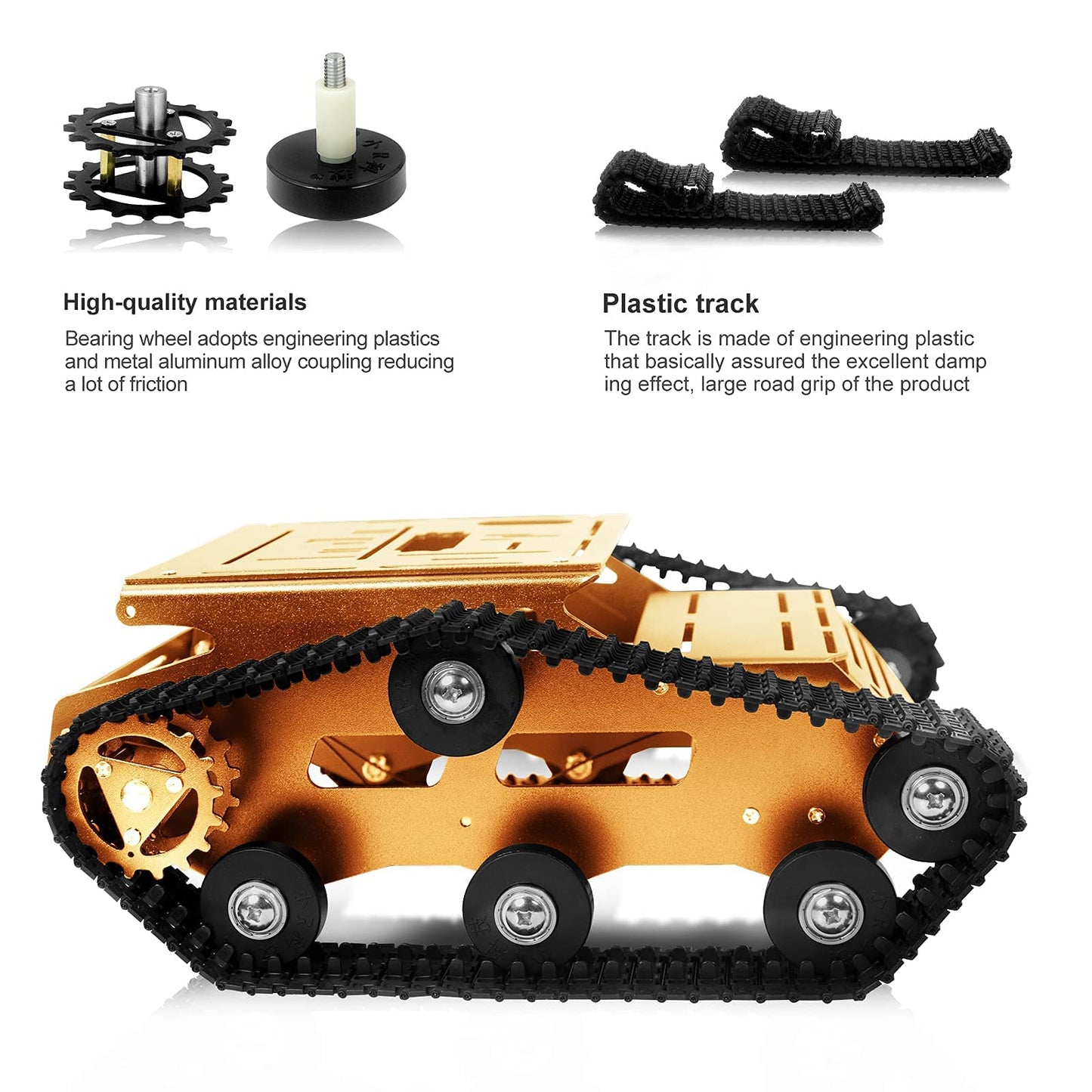 XiaoR Geek Smart Robot Car Chassis Kit Aluminum Alloy Big Tank Chassis with 2WD Motors for Jetson Nano/Raspberry Pi/Arduino DIY STEM Education Projects and ROS Research (Gold, with DC Motor)