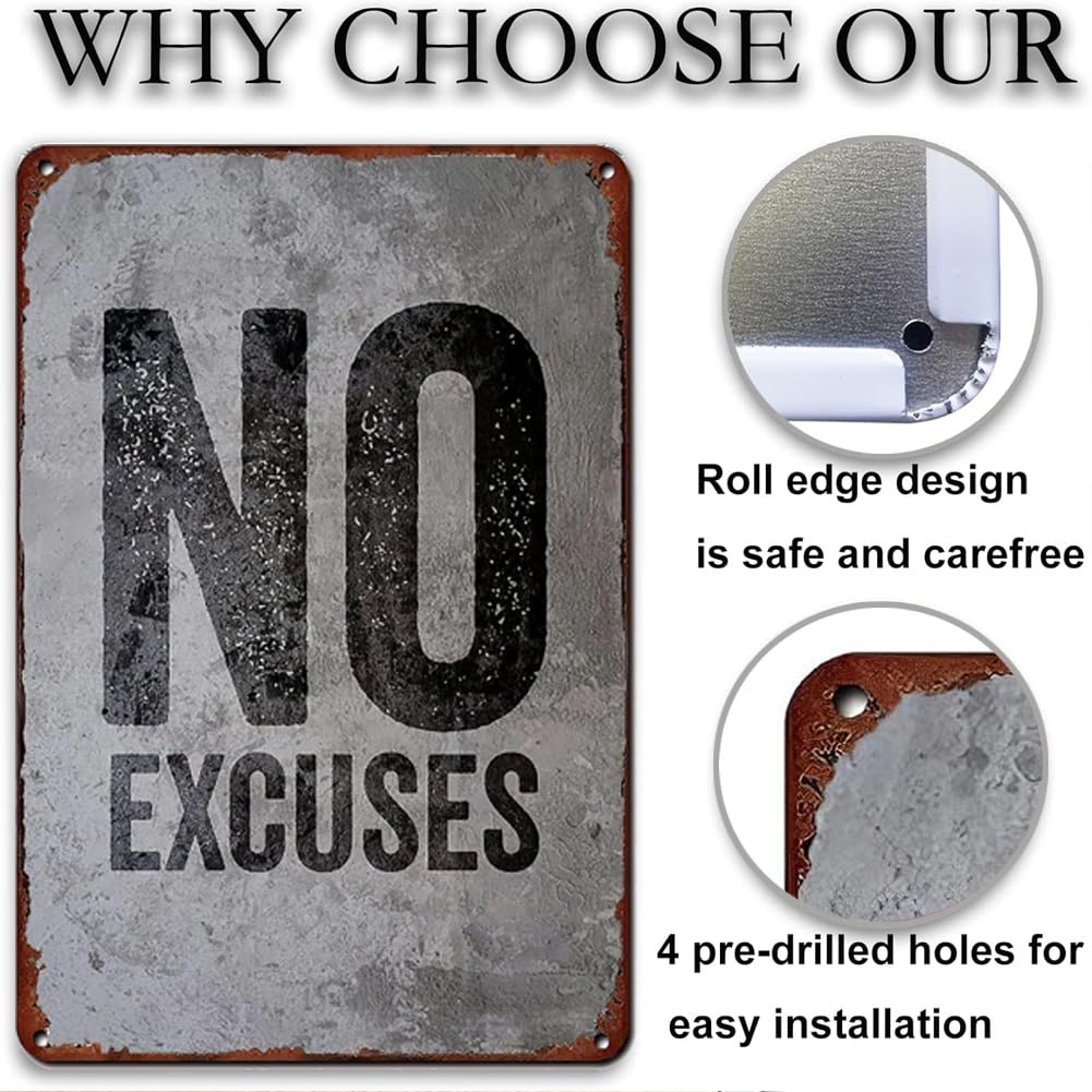 GYM Metal Tin Sign No Excuses Retro Poster Motivational Quote Gym Signs For Cafe Bar Gym Living Room Bathroom Kitchen Home Art Wall Decoration Plaque Gift 8x12 Inch