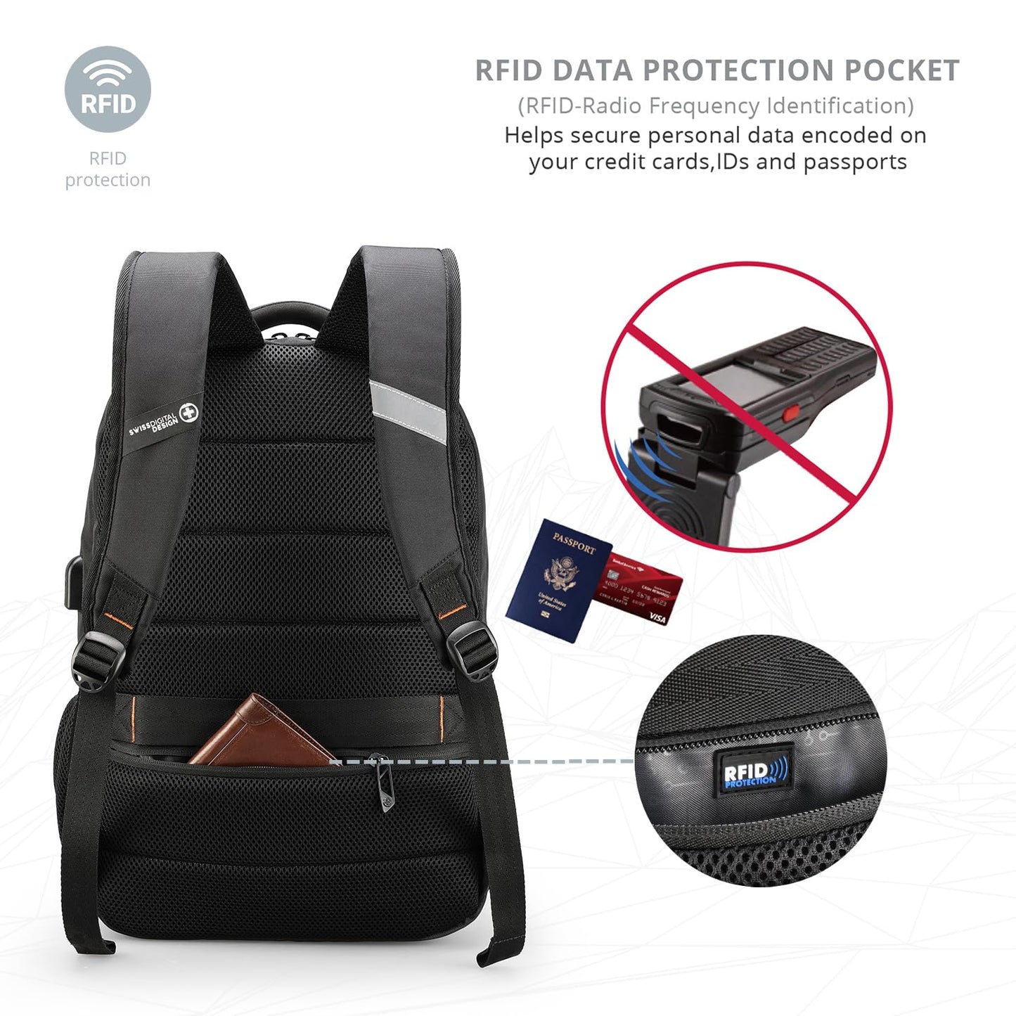 Swissdigital Design Travel Laptop Backpack, College Laptops Backpack with USB Charging Port for Men and Women Fits 16 Inch Notebook, Black | SD1670-01