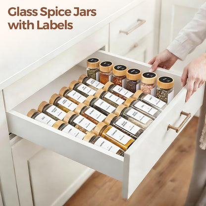 ComSaf Aesthetic Minimalist Spice Jars Set, 4 oz 24Pcs Glass Spice Containers with Labels, Bamboo Lids, 6 Extra Shaker Inserts, 93 Labels, Metal Funnel, Square Jars for Pantry Organization