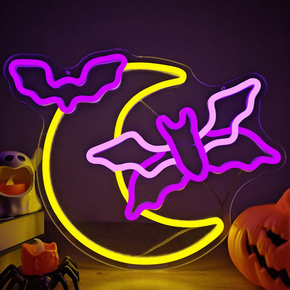 Halloween Neon Sign Moon Flying Neon Bat Sign Led Halloween Decorations Halloween Flying Bat Lights Halloween Led Sign Gothic Neon Sign for Halloween Party Wall Decor Window