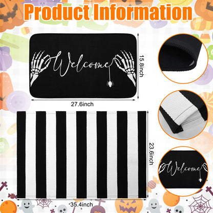 Tinideya 2 Pcs Summer Halloween Door Mats Outdoor Gothic Skull Welcome Front Doormat Linen Rubber Layered Black White Striped Skeleton Mats Nonslip Washable Halloween Decor for Front Porch Entryway