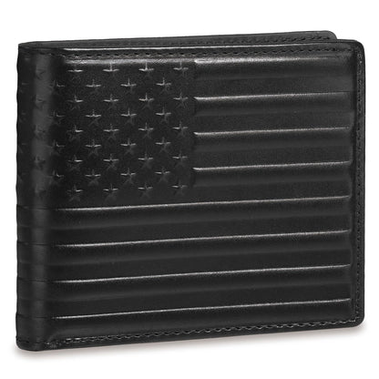 Pefiam Full Grain Leather Wallet for Men, RFID Blocking, Bifold with 2 ID Windows, 13 Card Slots, American Flag Wallet Black