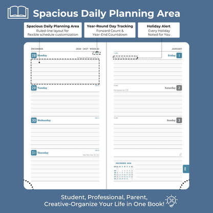IN-LUXPRO Planner 2026-2027 Daily Weekly and Monthly,6.5"x3.75",18 Months Spiral Bound Calendar Agenda with Self-adhesive Pen Holder,2026 Academic Plan with Vegan Leather Soft Cover,Blue