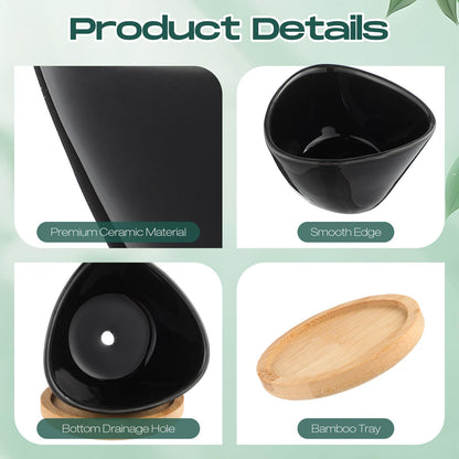 Domensi 24 Pack Succulent Planter Pots 3 Inch Small Plant Pots Mini Ceramic Succulent Planter Holder with Drainage Holes and Bamboo Saucers(Black)