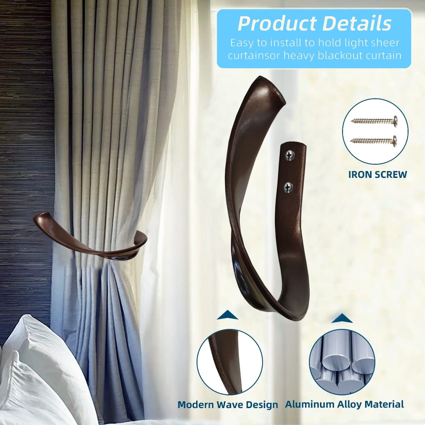 Kowibcl Decorative Curtain Holdbacks,Wall Mounted Window Drapery Tiebacks for Bedroom,Livingroom,Office Come with Screws (Bronze Dark,2)