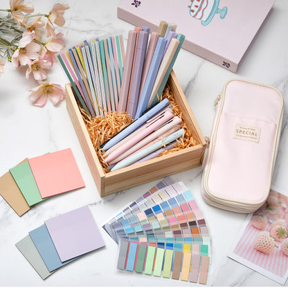 Trandraft 135 Pcs Book Annotation Kit with Pencil Case, 12 Pastel Highlighters, 11 Gel Pens, Fine Marker, 300 Transparent Sticky Notes, 2640 Index Tabs, Bible Study Supplies Kit(Classic,Pink)