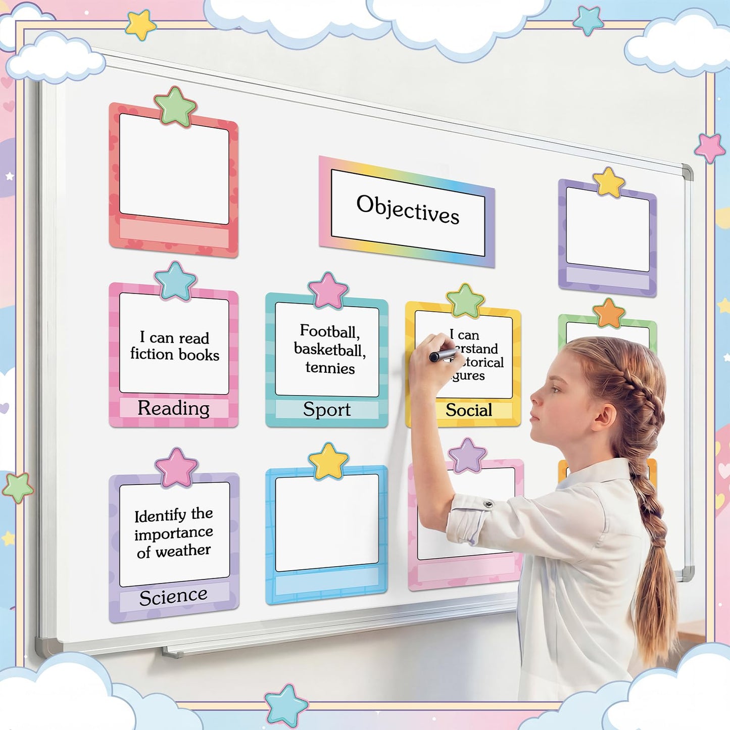 Trandraft 16 Pcs Magnetic Write Wipe Organization Chart Classroom Dry Erase Labels Learning Objectives Board for Whiteboard Goals Targets Classroom Teaching Supplies(Stars)