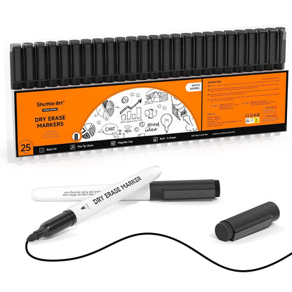 Shuttle Art Dry Erase Markers, 25 Pack Black Magnetic Whiteboard Markers with Erase, Fine Point Dry Erase Markers Perfect for Writing on Dry-Erase Whiteboards Mirrors Glasses for School Office Home