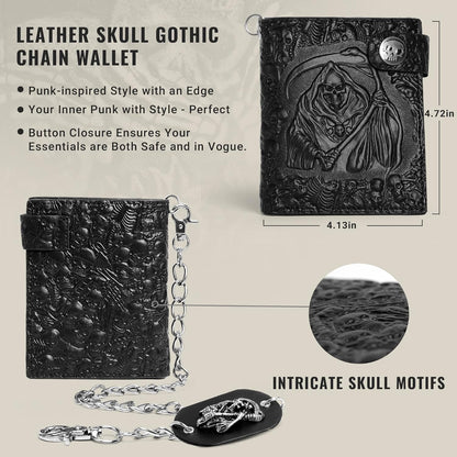 ZEKEE Skull Gothic Chain Wallet Leather - Punk Bifold Halloween Goth Accessories | Unisex, Black