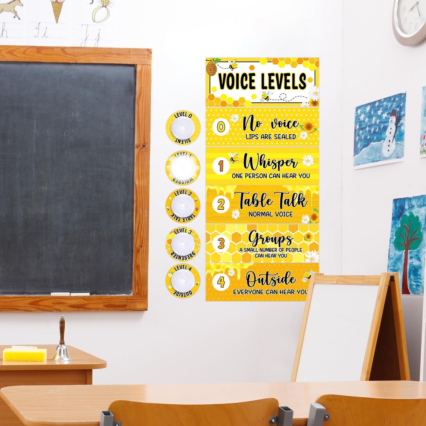 5 Pcs School Push Light and Voice Level Poster Voice Level Chart Monitor Rules Sign LED Tap Light Classroom Rules Poster Noise Chart Classroom Management Tools for Teachers Back to School（Bee Style）