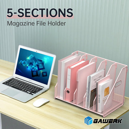 MINDEPOT Desk File Organizer Metal Desk Magazine Folder Holder with 5 Vertical Compartments Rack File Organizer for Office, Home, School (Pink)