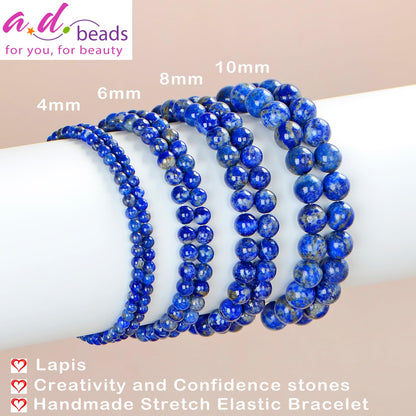 AD Beads Handmade Gemstone Stretch Elastic Bracelet Crystal Healing Reiki Nature's Beauty and Spiritual Essence Unisex (8mm, Lapis Lazuli)