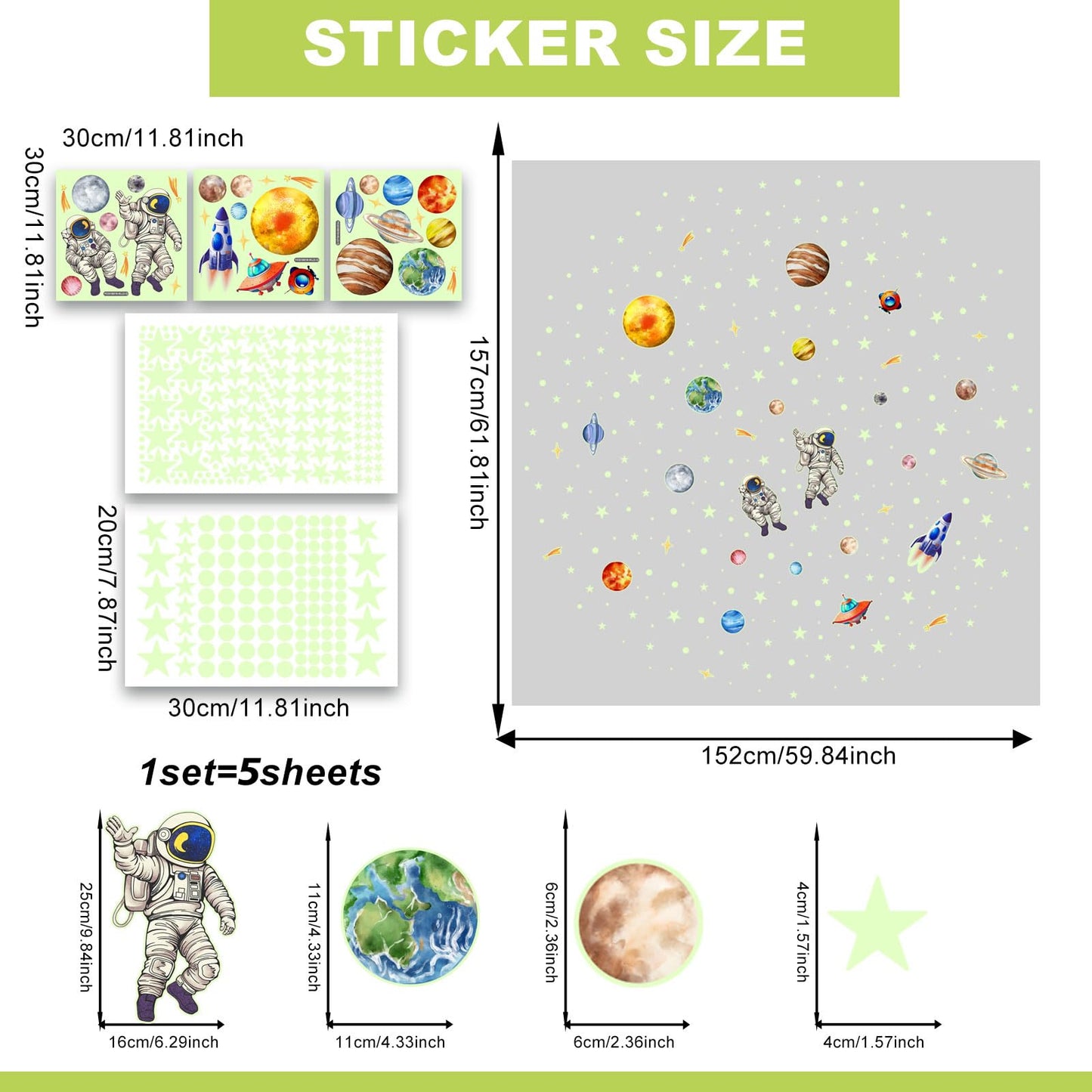 Glow in The Dark Solar System Wall Stickers 5 Sheets Bright Astronaut Planet Star Rocket Decals Peel and Stick Clings for Kids Room Bedroom Decoration