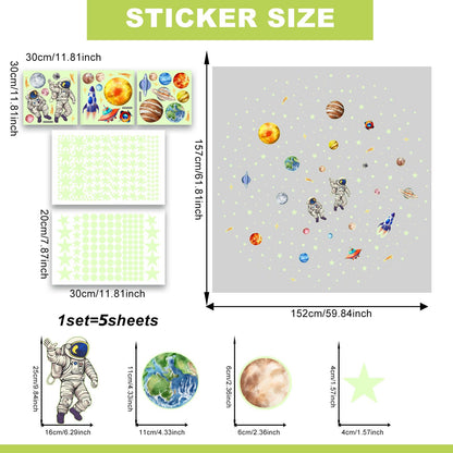 Glow in The Dark Solar System Wall Stickers 5 Sheets Bright Astronaut Planet Star Rocket Decals Peel and Stick Clings for Kids Room Bedroom Decoration