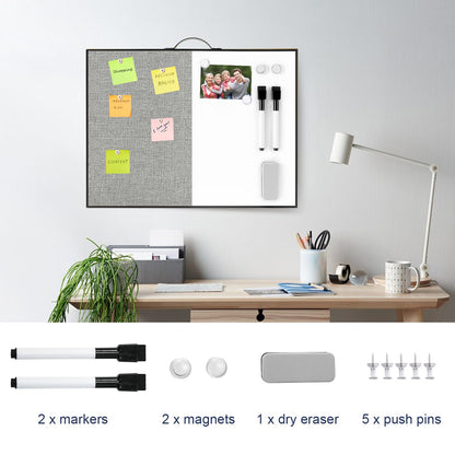 Small White Board Cork-Board Combo - 16 X 12 inches Gray Linen Board & Magnetic Dry Erase Board for Wall, Mini Bulletin Cork Board with Holder for Office, Home and School