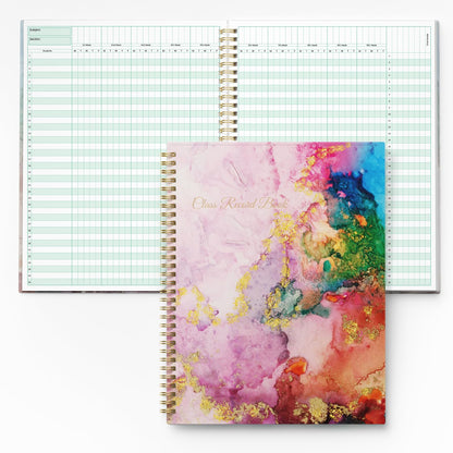 SUNEE Teacher Class Record Book for 9-10 weeks, 36 Names, 8.5x11 Inch, 104 Pages(52 Sheets), 100gsm Thick Paper, Larger Grade Recording up to 36 Students with Water-Resistant Plastic Cover,Pink Marble