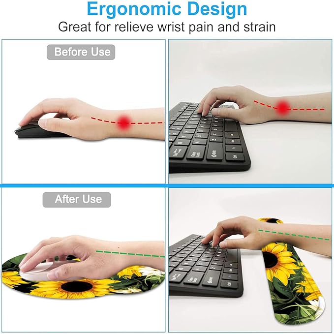 Keyboard Wrist Rest and Mouse Wrist Rest Pad with Cup Coaster,Made of Memory Foam,Ergonomic Support,Easy-Typing and Pain Relief,for Gaming Office Home Computer,Nice Sunflowers Floral